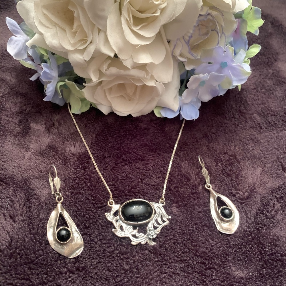 Sterling Silver & Black Onyx Necklace & Earrings